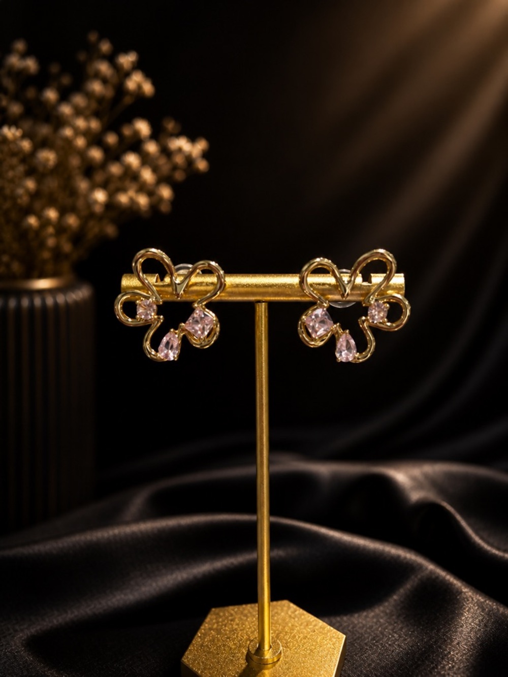 18 k Gold plated flower Pink cz Stud Earrings 925 posts